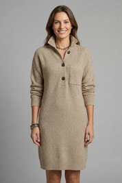 Damen Pulloverkleid mit Stehkragen und Knopfleiste Langarm Casual 7