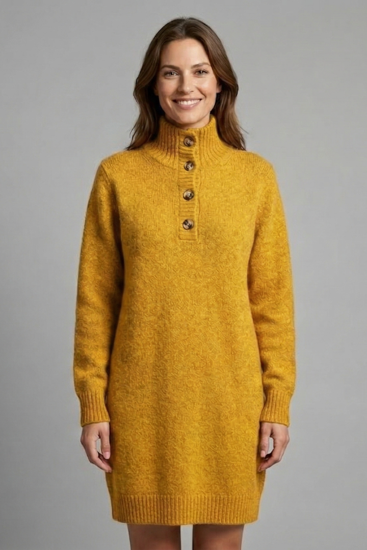Damen Pulloverkleid mit Stehkragen und Knopfleiste Langarm Casual 8