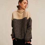 Damen Rollkragenpullover Oversized mit Fischgrätmuster Komfortabler Strickpullover für Herbst und Winter 0