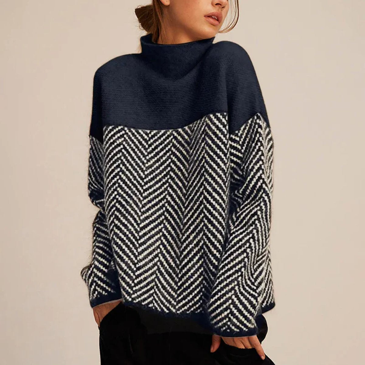 Damen Rollkragenpullover Oversized mit Fischgrätmuster Komfortabler Strickpullover für Herbst und Winter 1