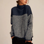Damen Rollkragenpullover Oversized mit Fischgrätmuster Komfortabler Strickpullover für Herbst und Winter 1