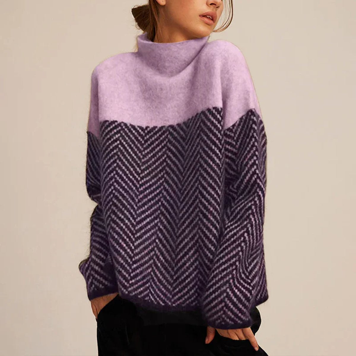 Damen Rollkragenpullover Oversized mit Fischgrätmuster Komfortabler Strickpullover für Herbst und Winter 2