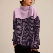 Damen Rollkragenpullover Oversized mit Fischgrätmuster Komfortabler Strickpullover für Herbst und Winter 2