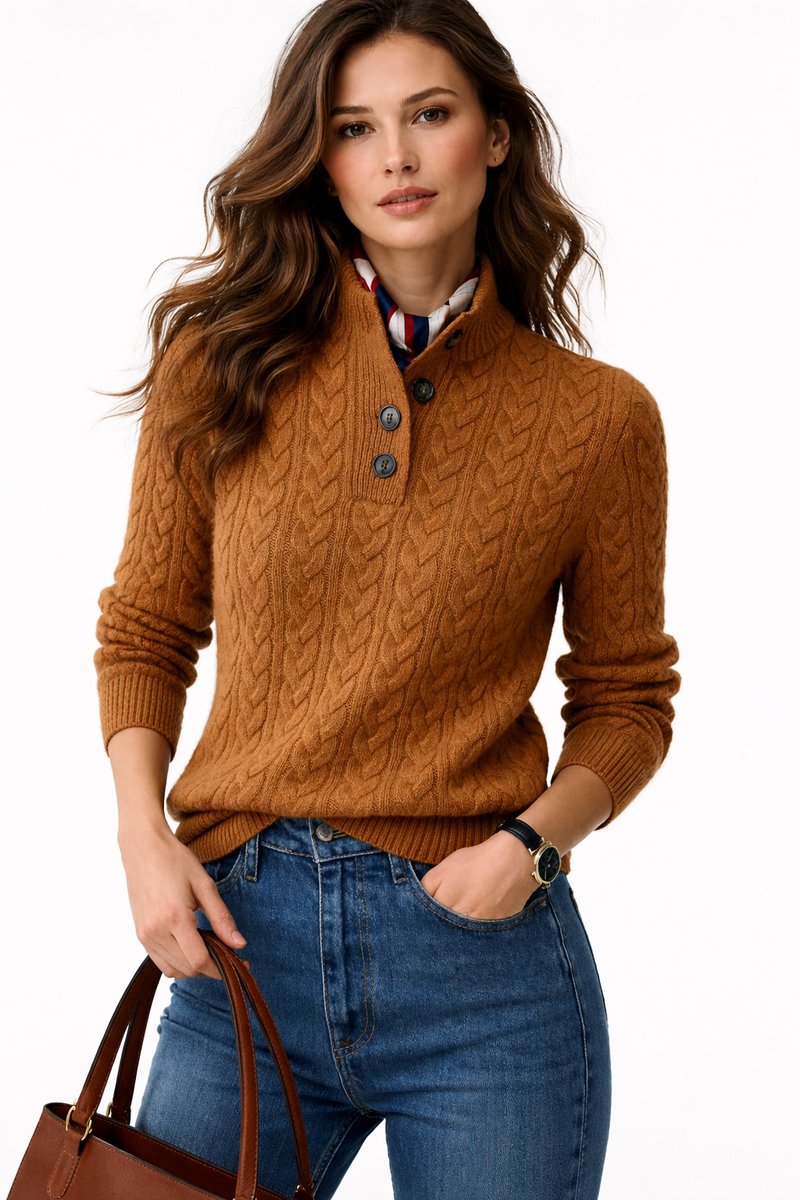 Damen Rollkragenpullover mit Kabelstrick und Knopfleiste für Herbst und Winter 0