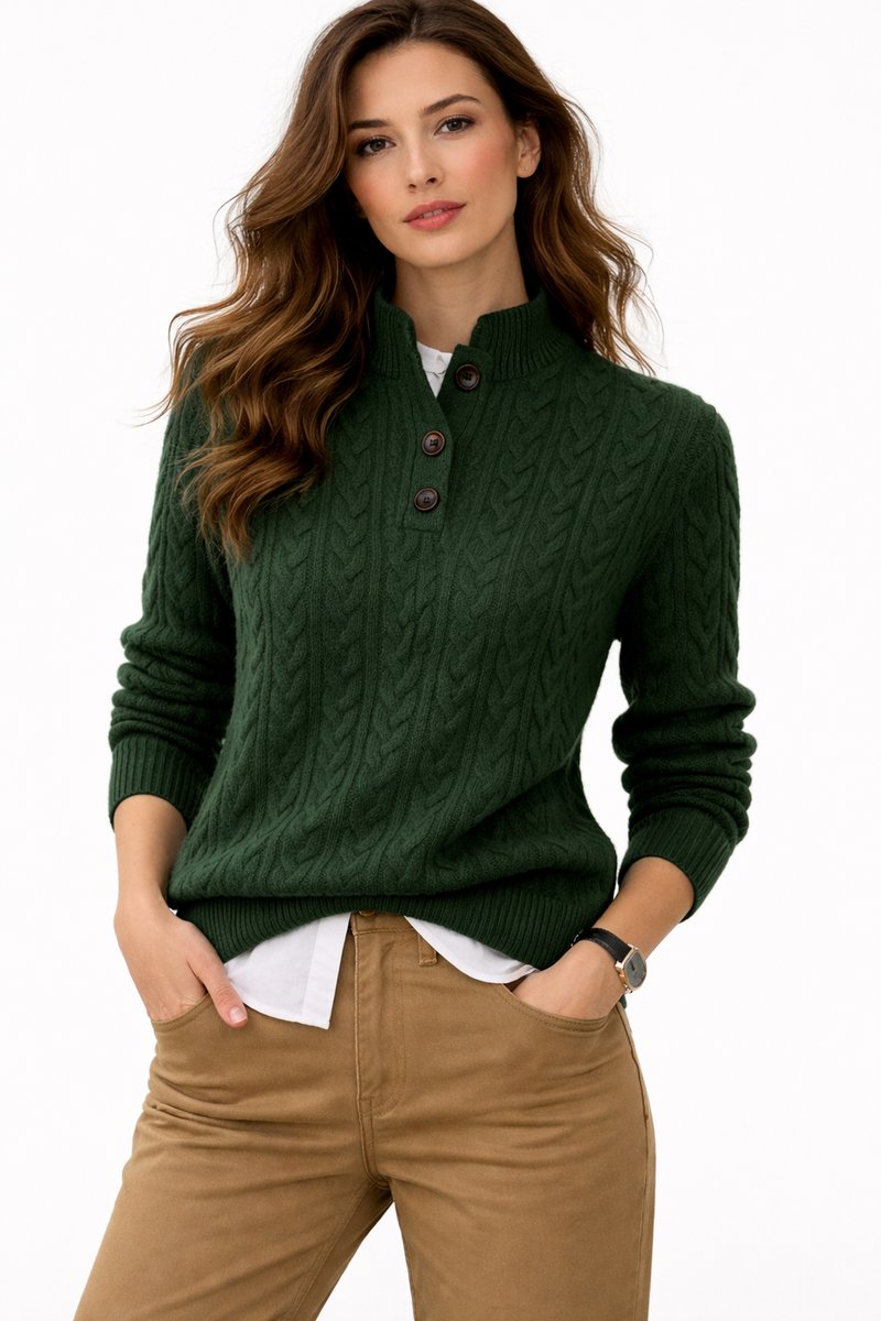 Damen Rollkragenpullover mit Kabelstrick und Knopfleiste für Herbst und Winter 1