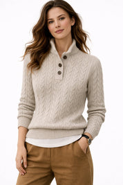 Damen Rollkragenpullover mit Kabelstrick und Knopfleiste für Herbst und Winter 2