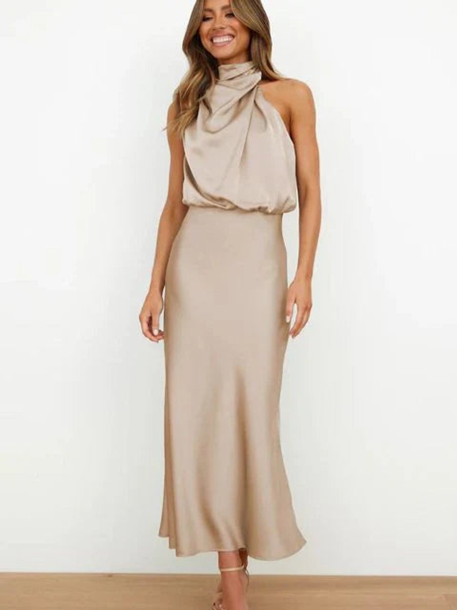 Damen Satin Cocktailkleid Elegant Schulterfrei Midi Abendkleid für festliche Anlässe 1