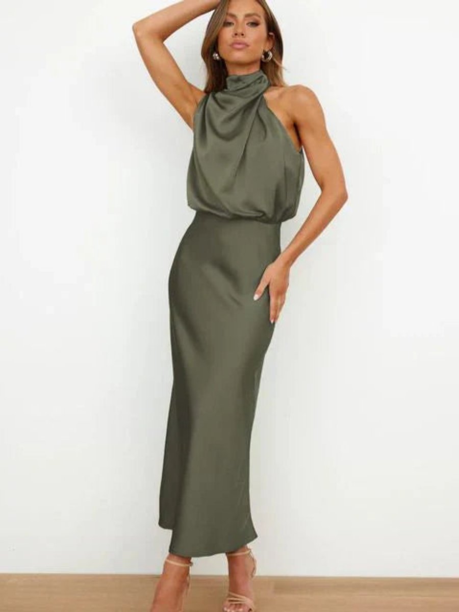 Damen Satin Cocktailkleid Elegant Schulterfrei Midi Abendkleid für festliche Anlässe 2