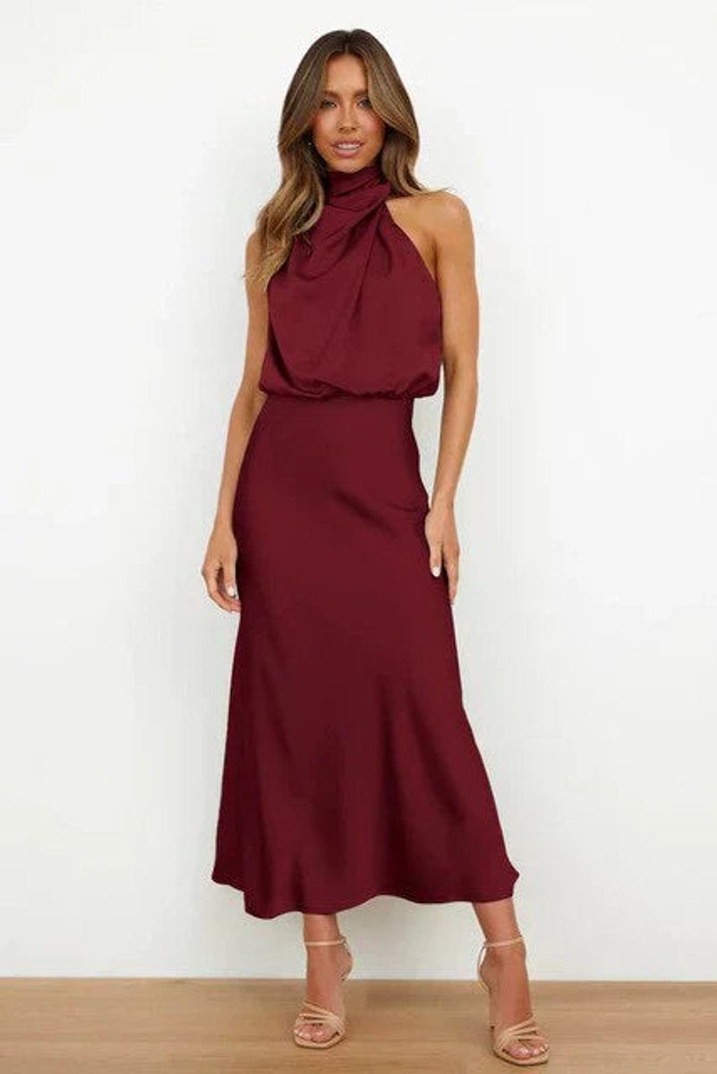 Damen Satin Cocktailkleid Elegant Schulterfrei Midi Abendkleid für festliche Anlässe 5