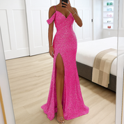 Damen Schulterfreies Glamour Maxikleid Mit Pailletten Für Feste 4