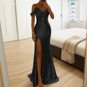 Damen Schulterfreies Glamour Maxikleid Mit Pailletten Für Feste 5