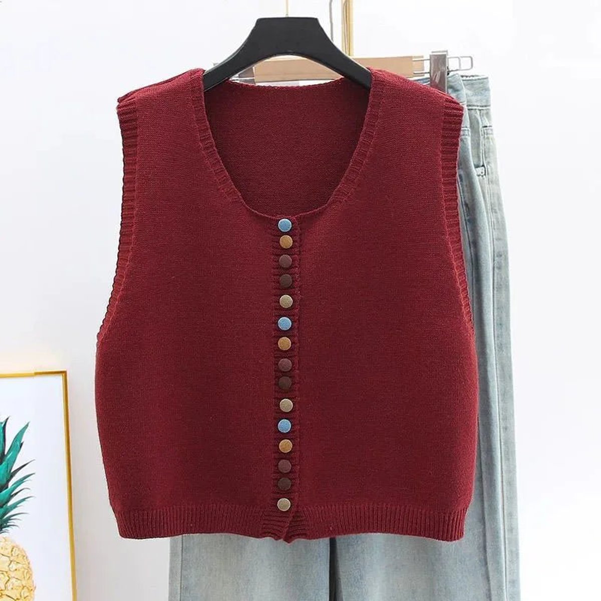 Damen Strickweste Ärmellos mit Bunter Knopfleiste Vielseitige Layering Weste 0