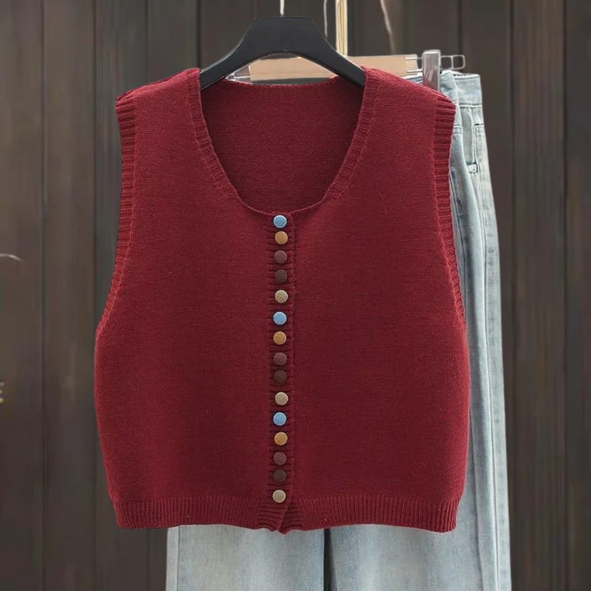 Damen Strickweste Ärmellos mit Bunter Knopfleiste Vielseitige Layering Weste 1
