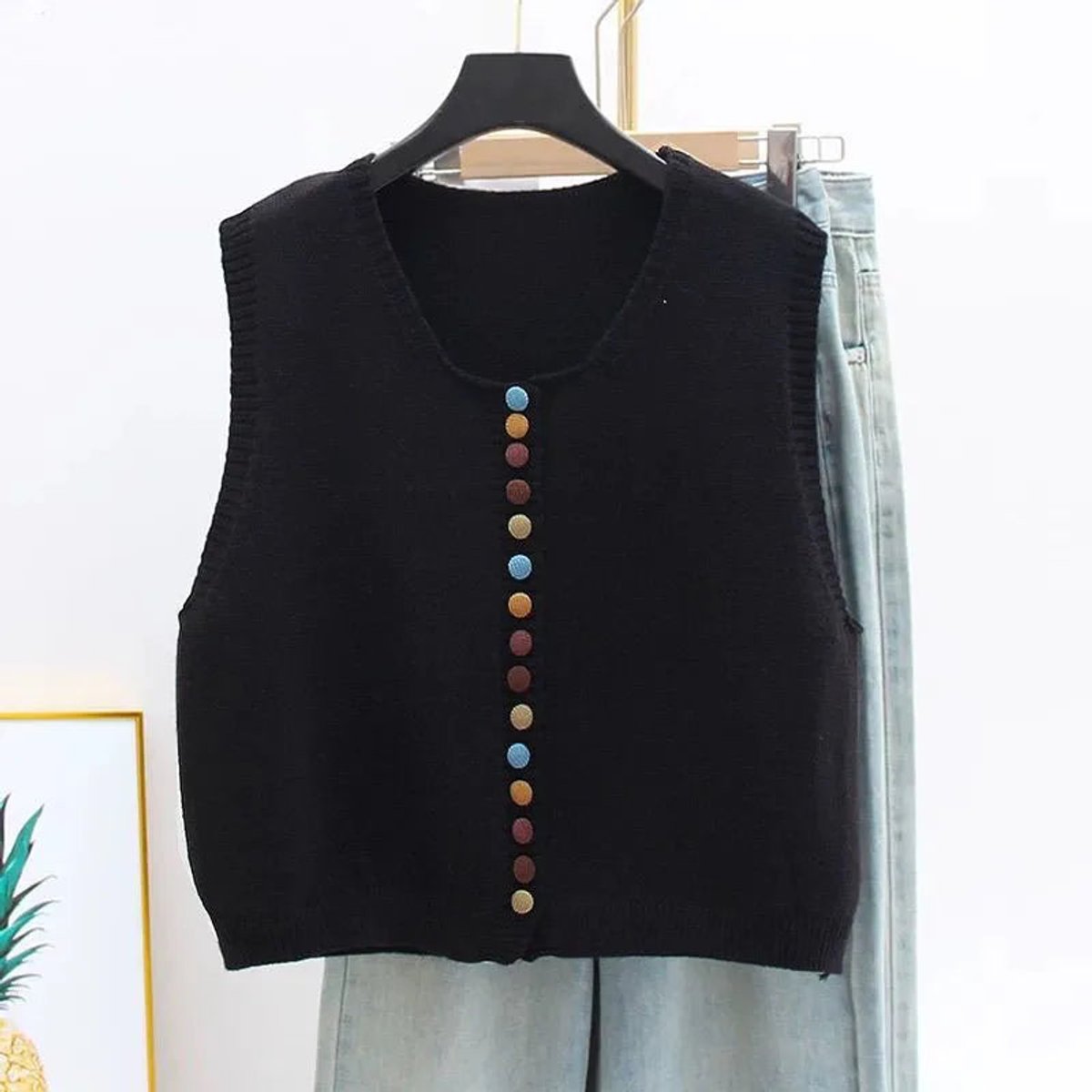 Damen Strickweste Ärmellos mit Bunter Knopfleiste Vielseitige Layering Weste 2