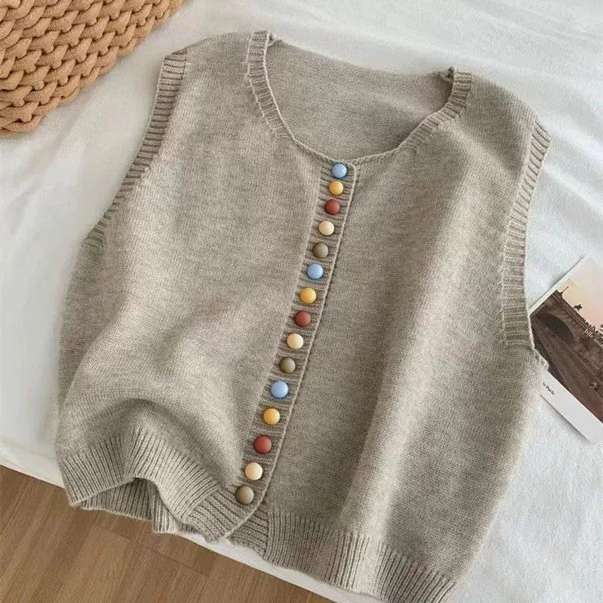 Damen Strickweste Ärmellos mit Bunter Knopfleiste Vielseitige Layering Weste 3