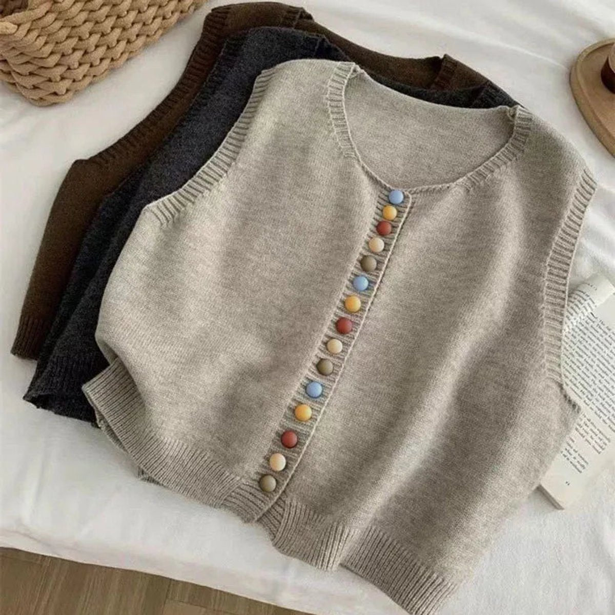 Damen Strickweste Ärmellos mit Bunter Knopfleiste Vielseitige Layering Weste 5