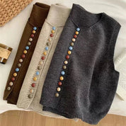 Damen Strickweste Ärmellos mit Bunter Knopfleiste Vielseitige Layering Weste 6