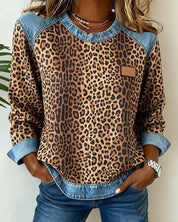 Damen Sweater Leopardenmuster mit Denim Patchwork Rundhals Langarm Sweatshirt 0