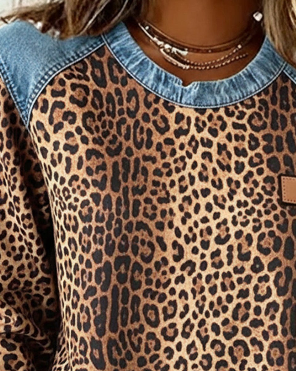 Damen Sweater Leopardenmuster mit Denim Patchwork Rundhals Langarm Sweatshirt 1