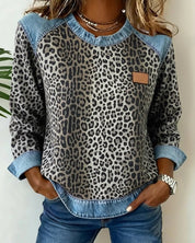 Damen Sweater Leopardenmuster mit Denim Patchwork Rundhals Langarm Sweatshirt 3