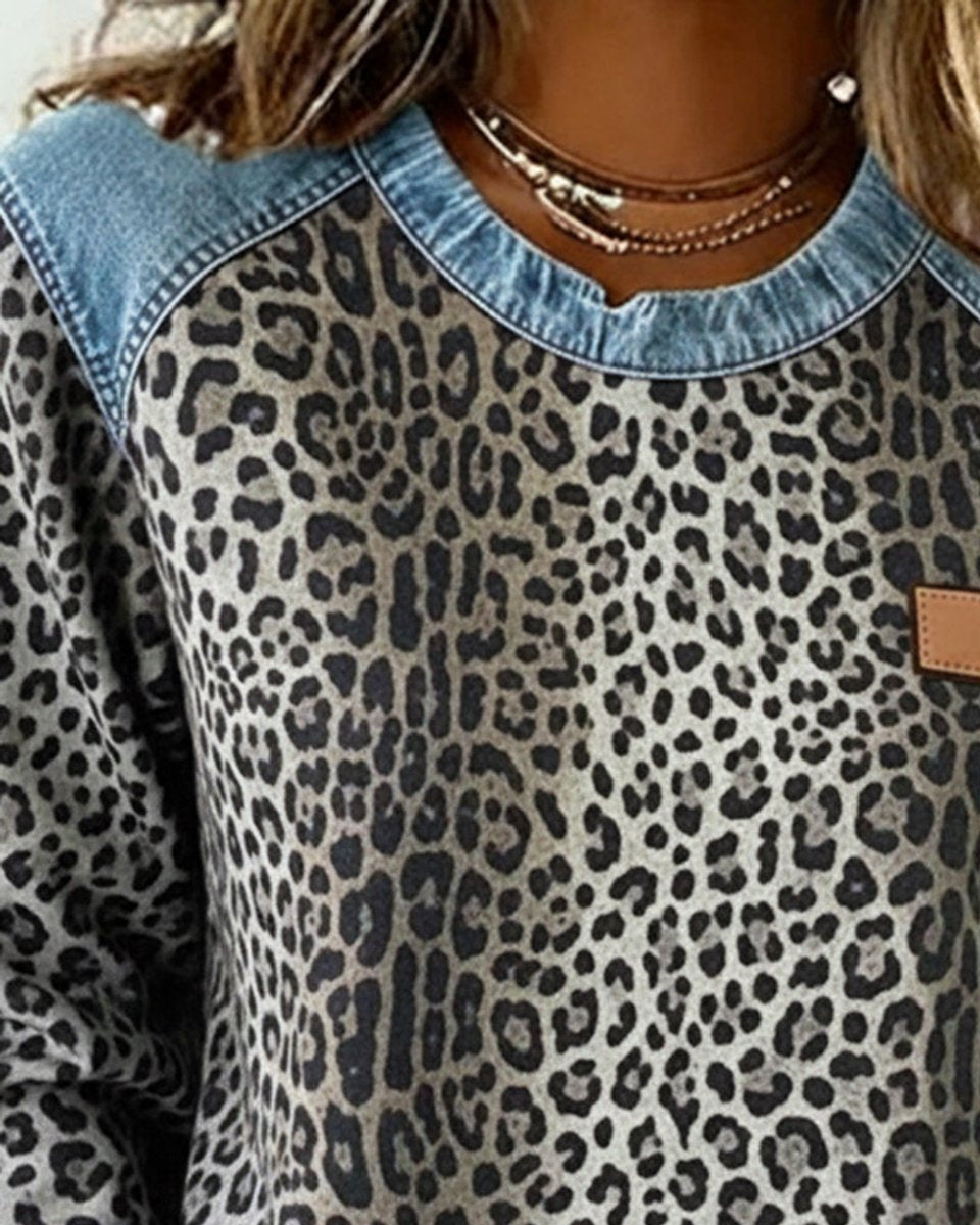 Damen Sweater Leopardenmuster mit Denim Patchwork Rundhals Langarm Sweatshirt 4