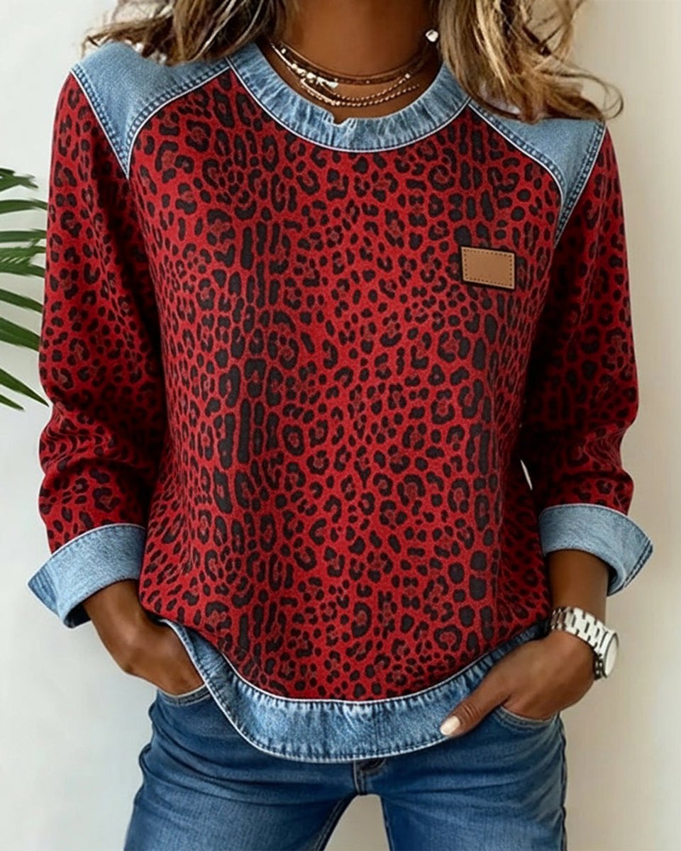 Damen Sweater Leopardenmuster mit Denim Patchwork Rundhals Langarm Sweatshirt 6