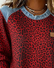 Damen Sweater Leopardenmuster mit Denim Patchwork Rundhals Langarm Sweatshirt 7