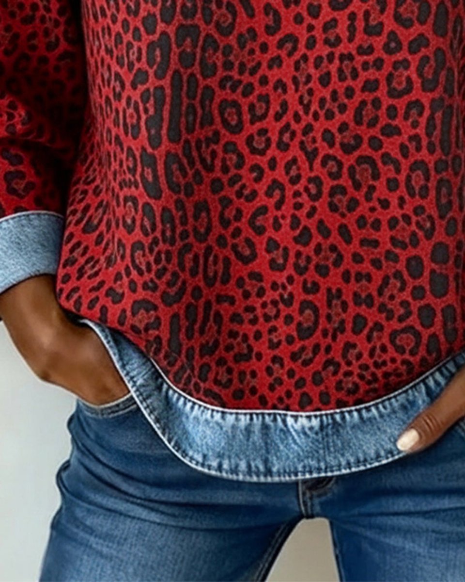 Damen Sweater Leopardenmuster mit Denim Patchwork Rundhals Langarm Sweatshirt 8