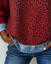 Damen Sweater Leopardenmuster mit Denim Patchwork Rundhals Langarm Sweatshirt 8