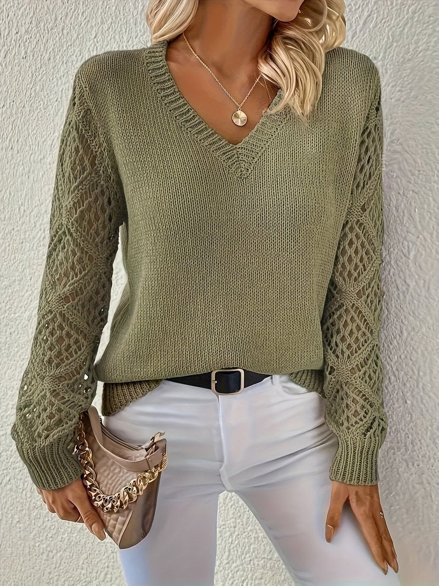 Damen V-Ausschnitt Pullover Mit Lochstrick – Eleganter Strickpullover Für Frühling Und Herbst 0