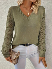 Damen V-Ausschnitt Pullover Mit Lochstrick – Eleganter Strickpullover Für Frühling Und Herbst 0
