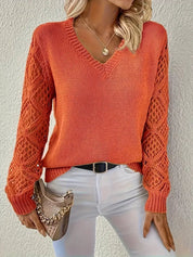 Damen V-Ausschnitt Pullover Mit Lochstrick – Eleganter Strickpullover Für Frühling Und Herbst 2