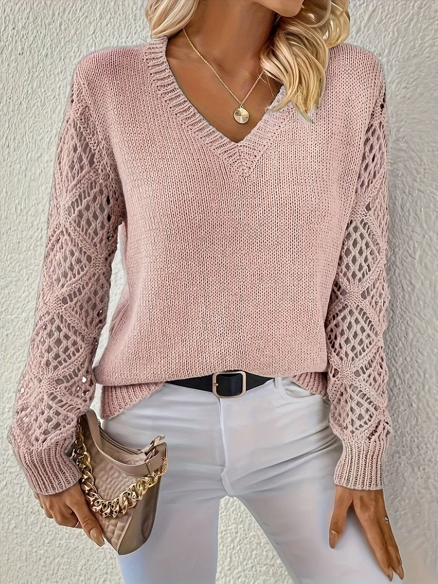 Damen V-Ausschnitt Pullover Mit Lochstrick – Eleganter Strickpullover Für Frühling Und Herbst 6