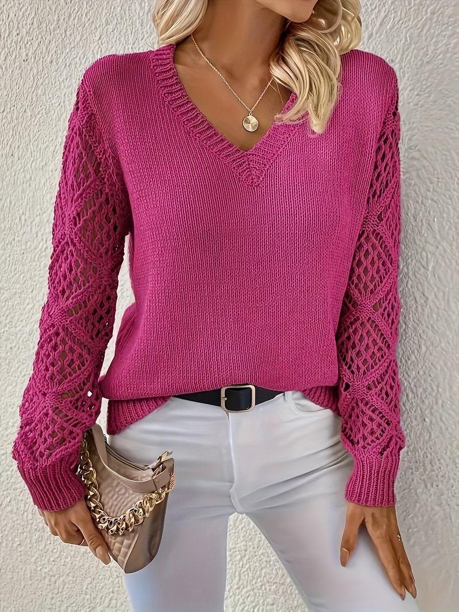 Damen V-Ausschnitt Pullover Mit Lochstrick – Eleganter Strickpullover Für Frühling Und Herbst 9