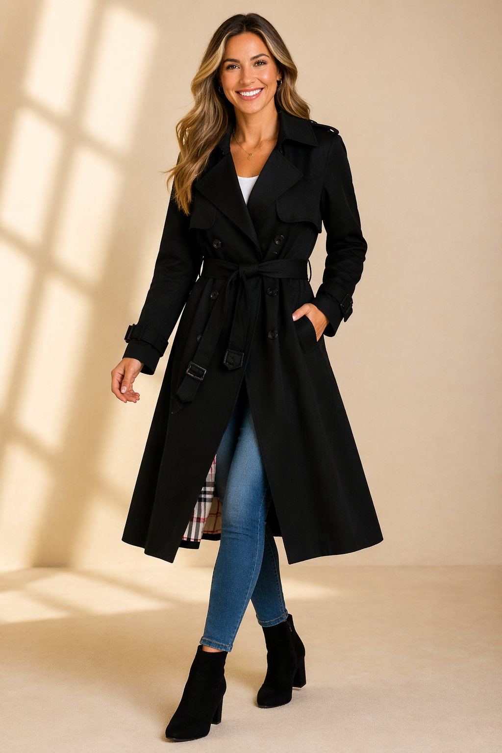 Damen Zweireihiger Langer Trenchcoat mit Taillengürtel Eleganter Mantel für Herbst und Winter 0