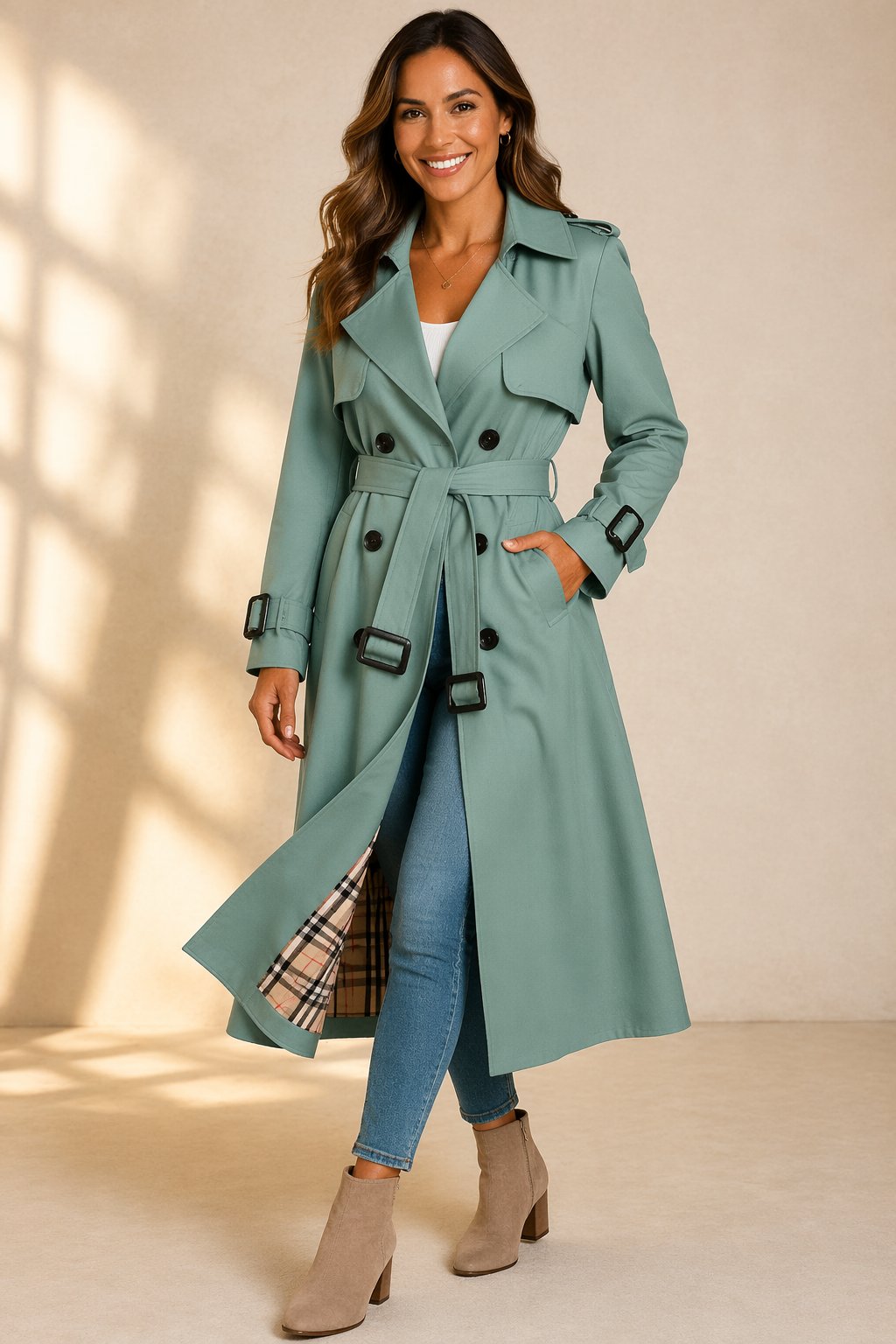 Damen Zweireihiger Langer Trenchcoat mit Taillengürtel Eleganter Mantel für Herbst und Winter 1