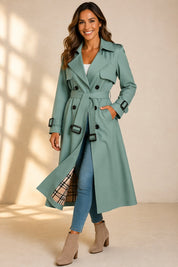 Damen Zweireihiger Langer Trenchcoat mit Taillengürtel Eleganter Mantel für Herbst und Winter 1