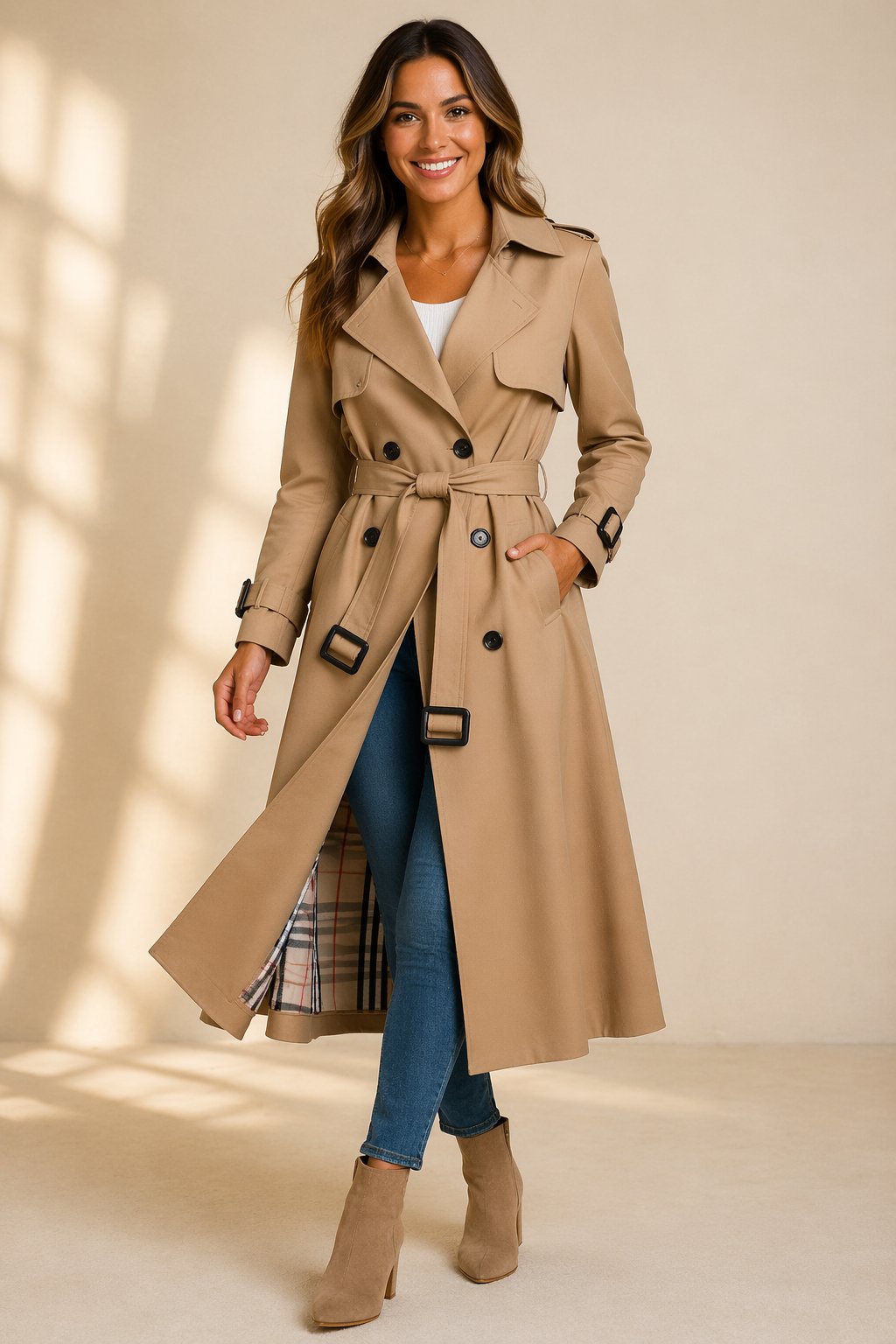 Damen Zweireihiger Langer Trenchcoat mit Taillengürtel Eleganter Mantel für Herbst und Winter 2