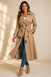 Damen Zweireihiger Langer Trenchcoat mit Taillengürtel Eleganter Mantel für Herbst und Winter 2