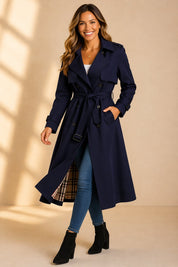 Damen Zweireihiger Langer Trenchcoat mit Taillengürtel Eleganter Mantel für Herbst und Winter 3