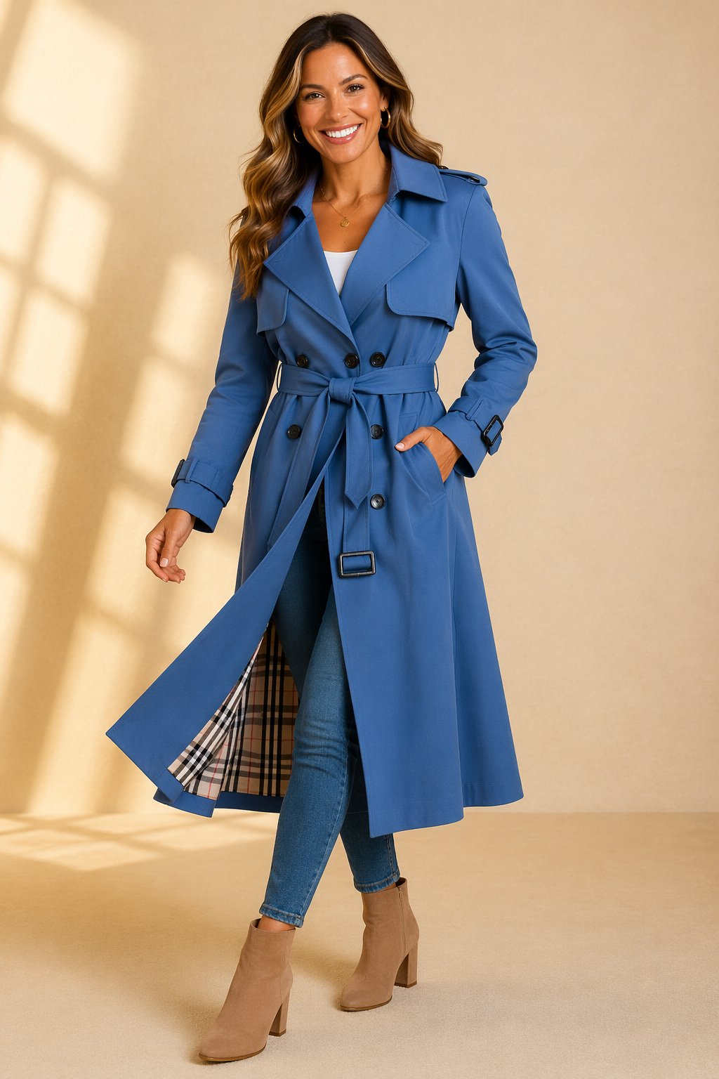 Damen Zweireihiger Langer Trenchcoat mit Taillengürtel Eleganter Mantel für Herbst und Winter 4