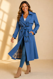 Damen Zweireihiger Langer Trenchcoat mit Taillengürtel Eleganter Mantel für Herbst und Winter 4