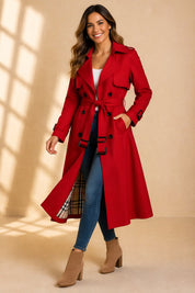 Damen Zweireihiger Langer Trenchcoat mit Taillengürtel Eleganter Mantel für Herbst und Winter 5