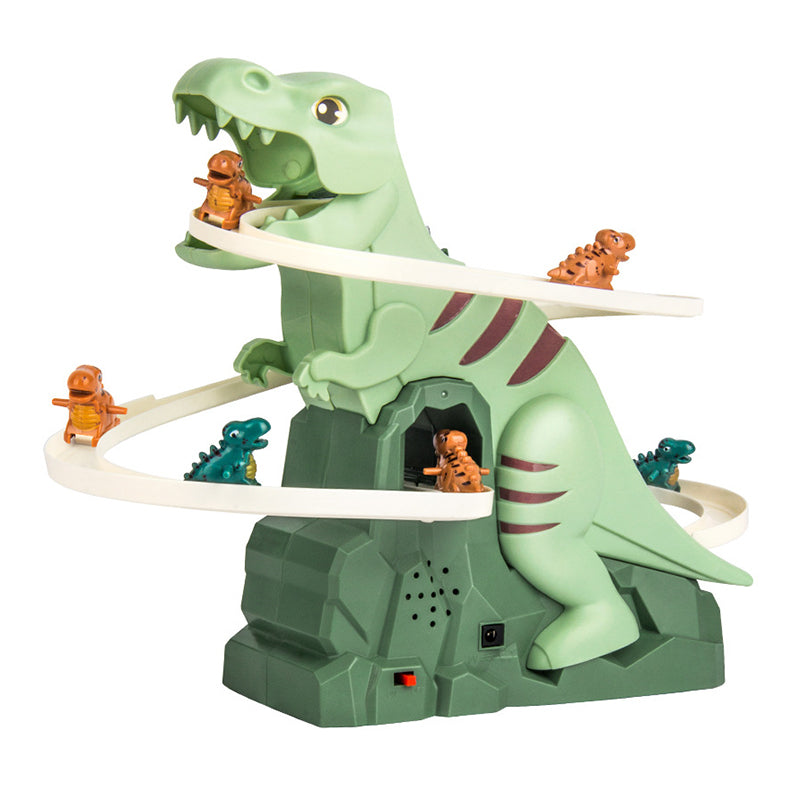 Dinosaurier-Rennbahn-Spielset – Interaktive Rennstrecke mit LED-Beleuchtung und automatischen Kletterwagen für Kinder 0