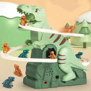 Dinosaurier-Rennbahn-Spielset – Interaktive Rennstrecke mit LED-Beleuchtung und automatischen Kletterwagen für Kinder 1