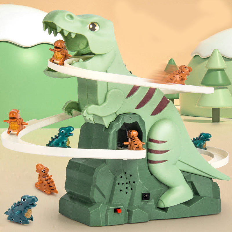 Dinosaurier-Rennbahn-Spielset – Interaktive Rennstrecke mit LED-Beleuchtung und automatischen Kletterwagen für Kinder 1
