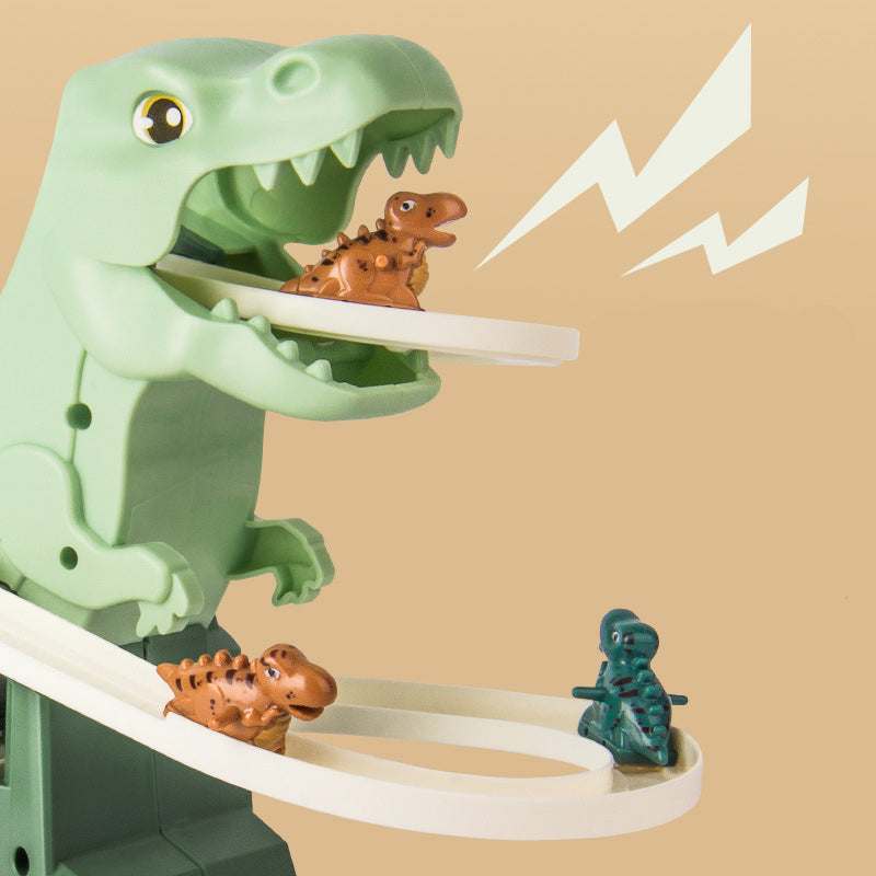 Dinosaurier-Rennbahn-Spielset – Interaktive Rennstrecke mit LED-Beleuchtung und automatischen Kletterwagen für Kinder 2