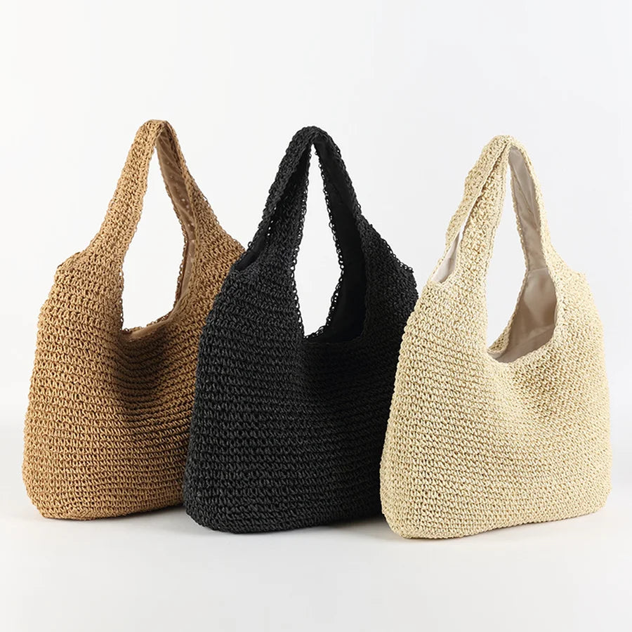 Elegante Strandtasche aus Stroh für Damen, großes Fassungsvermögen, Korbgeflecht 2