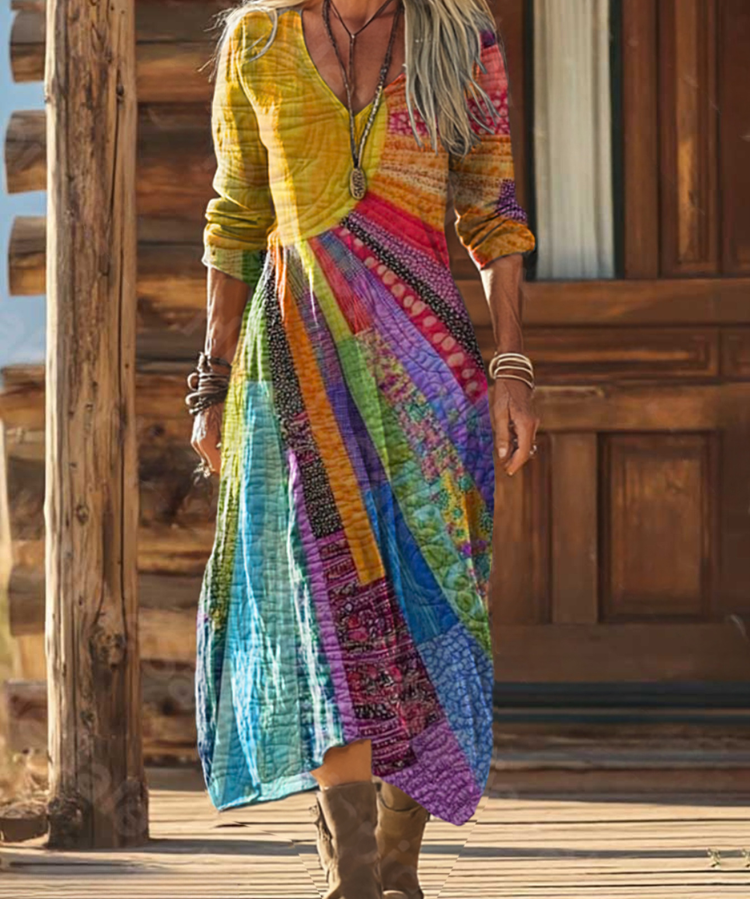Elegantes Boho-Kleid Damen Sommerkleid mit V-Ausschnitt und langen Ärmeln für jeden Anlass 0