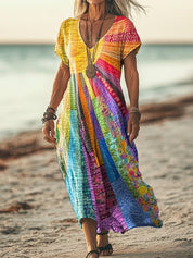 Elegantes Boho-Kleid Damen Sommerkleid mit V-Ausschnitt und langen Ärmeln für jeden Anlass 1